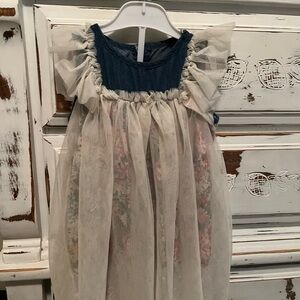 Girls' Blue and Cream Ruffled Dress